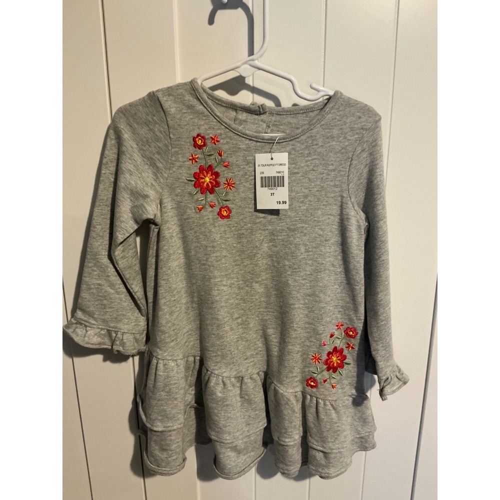 Good Lad Toddler Girl Gray Ruffle Floral Embroidered Dress Long Sleeve 3T NWT